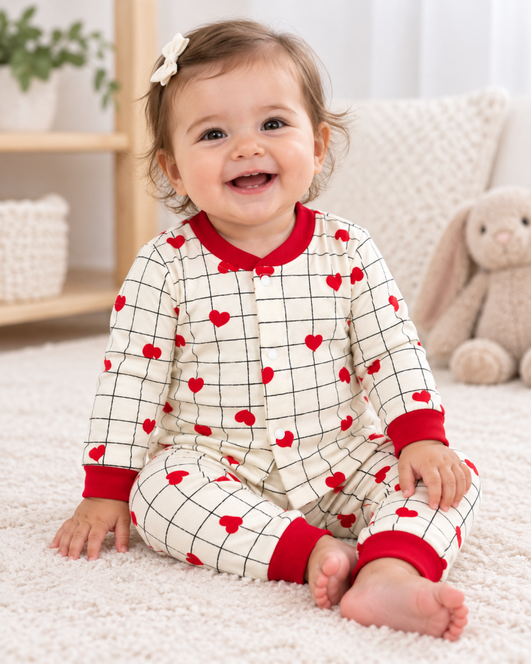 Kız Bebek Uzun Kollu Kırmızı Kalpli Alt Üst Pijama Takımı 2 Parça