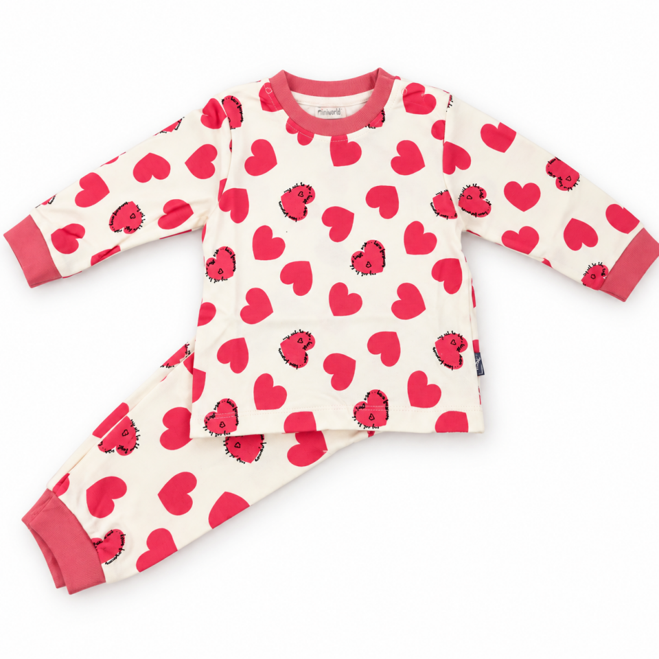 Kız Bebek Uzun Kollu Pembe Kalpli Alt Üst Pijama Takımı 2 Parça