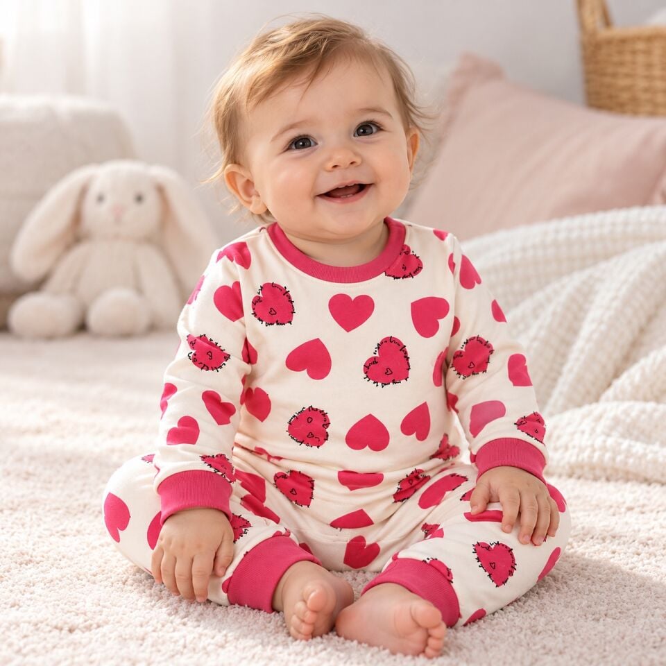 Kız Bebek Uzun Kollu Pembe Kalpli Alt Üst Pijama Takımı 2 Parça