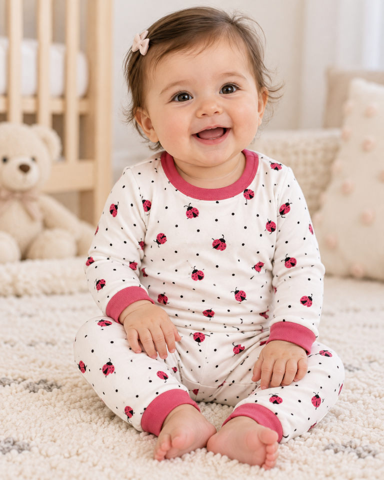 Kız Bebek Uzun Kollu Uğur Böcekli Alt Üst Pijama Takımı 2 Parça