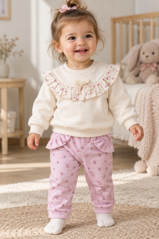 Kız Bebek Polarlı Uzun Kollu Sweatshirt ve Pantolon Takımı