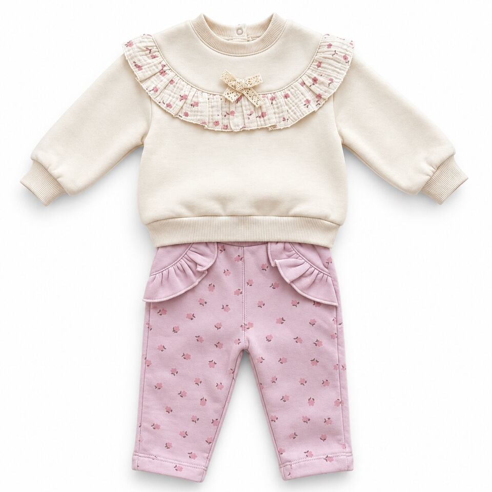 Kız Bebek Polarlı Uzun Kollu Sweatshirt ve Pantolon Takımı