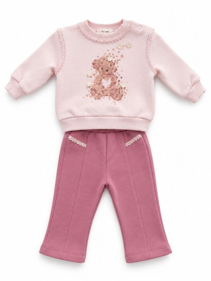 Kız Bebek Polarlı Uzun Kollu Sweatshirt ve Pantolon Takımı