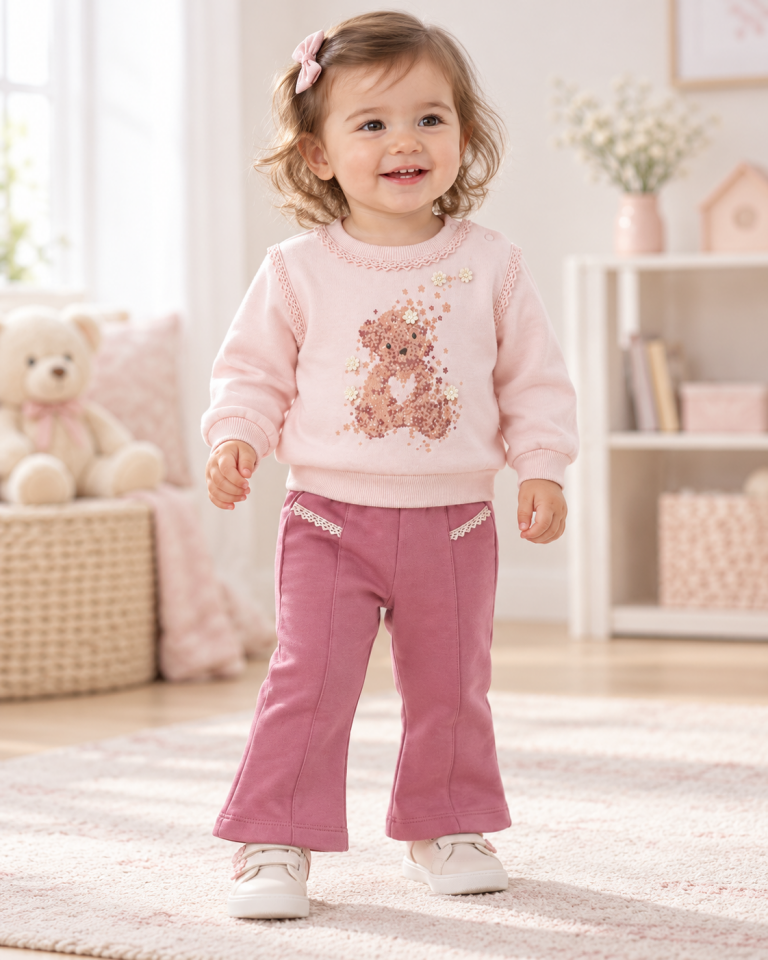 Kız Bebek Polarlı Uzun Kollu Sweatshirt ve Pantolon Takımı