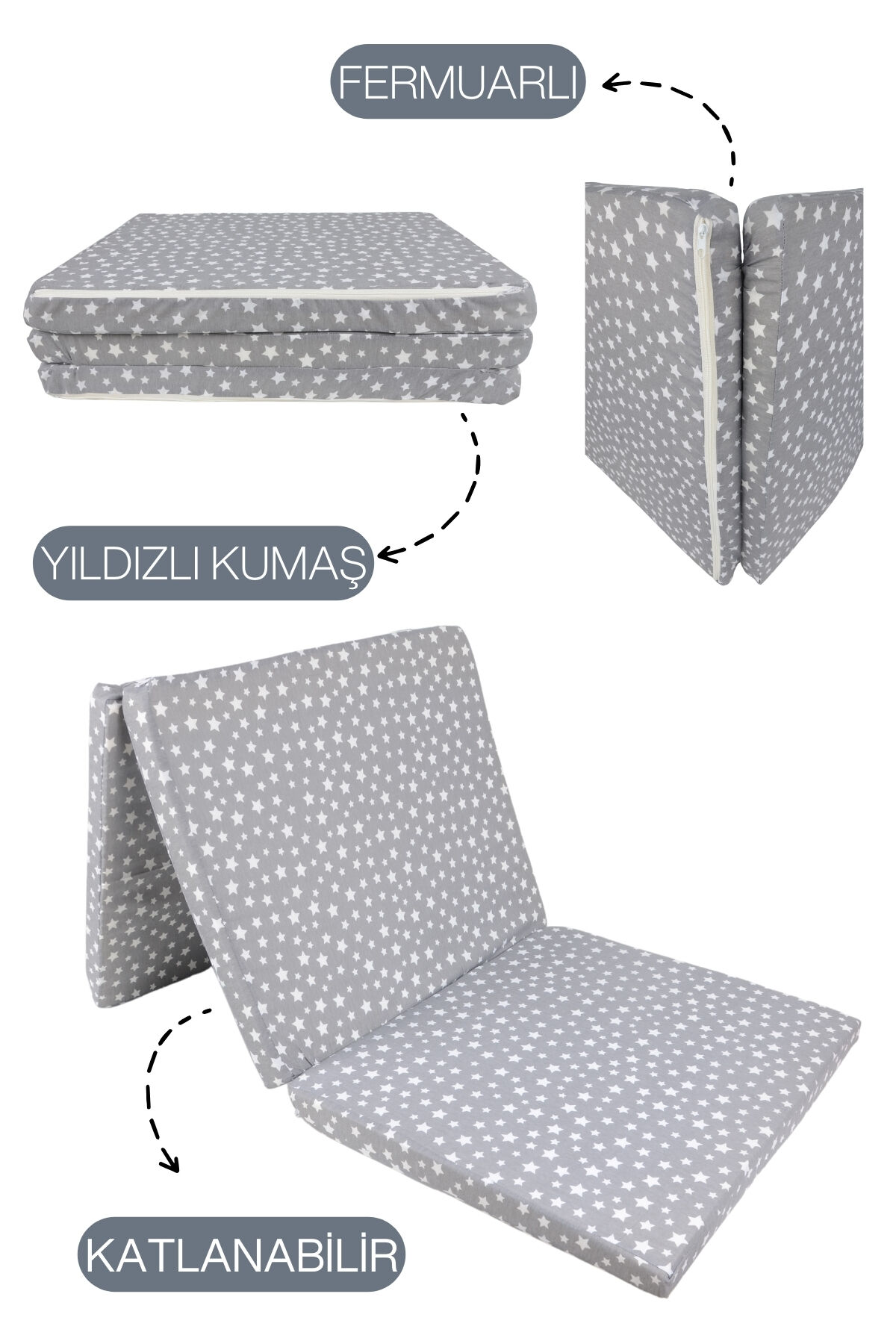 Yıldız Desenli Katlanır Sünger Yer Yatağı -Tek Kişilik 70x180 Cm 6 Cm Konforlu Minder