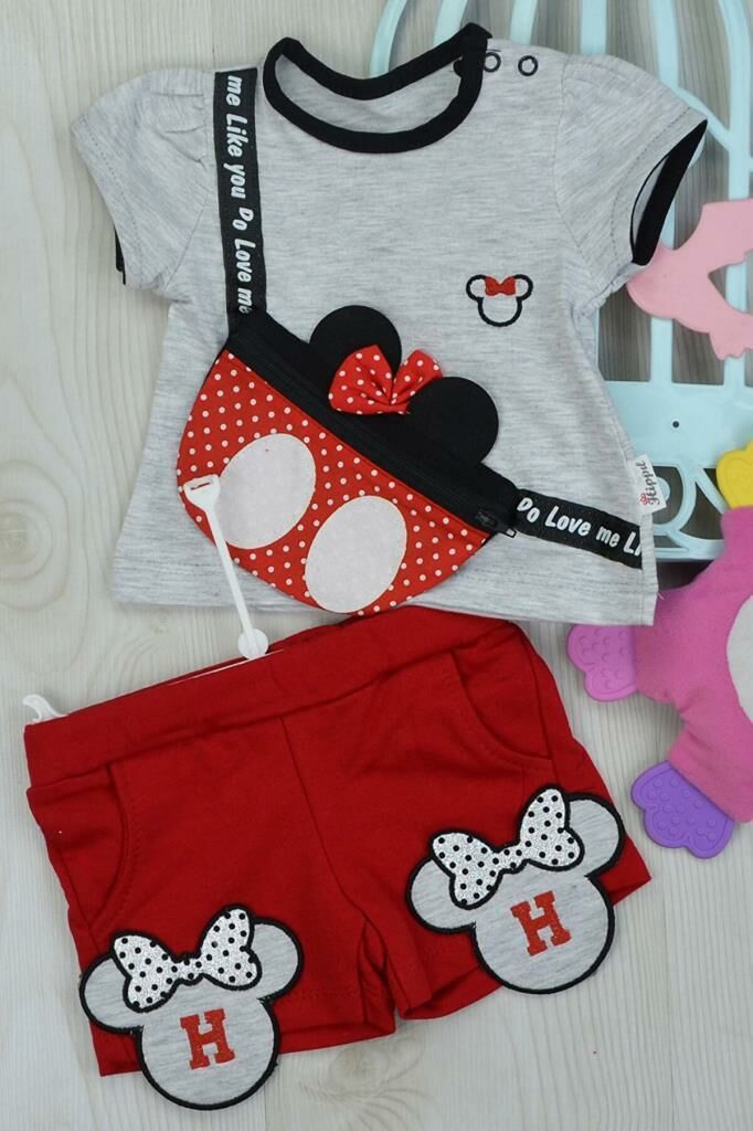 Hippıl Baby Minnie Çantalı Tişört Şort Takım Kırmızı - 12 AY